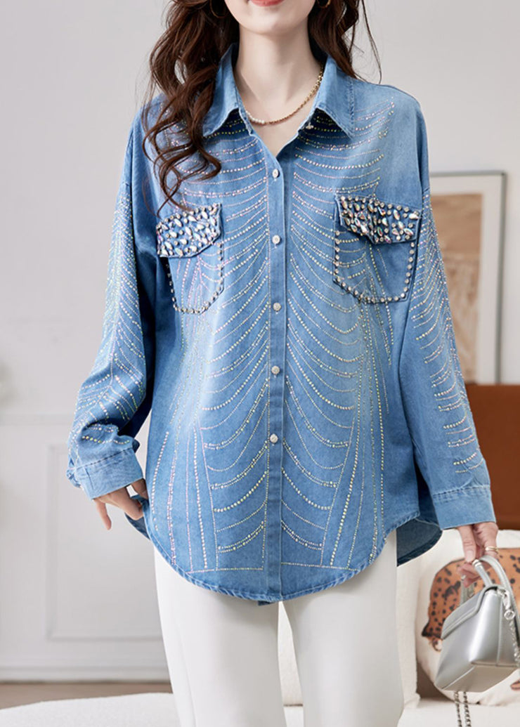 Women Blue Nail Bead Zircon Button Denim Shirts Spring