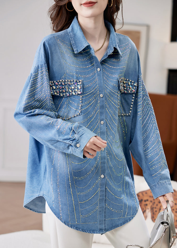Women Blue Nail Bead Zircon Button Denim Shirts Spring