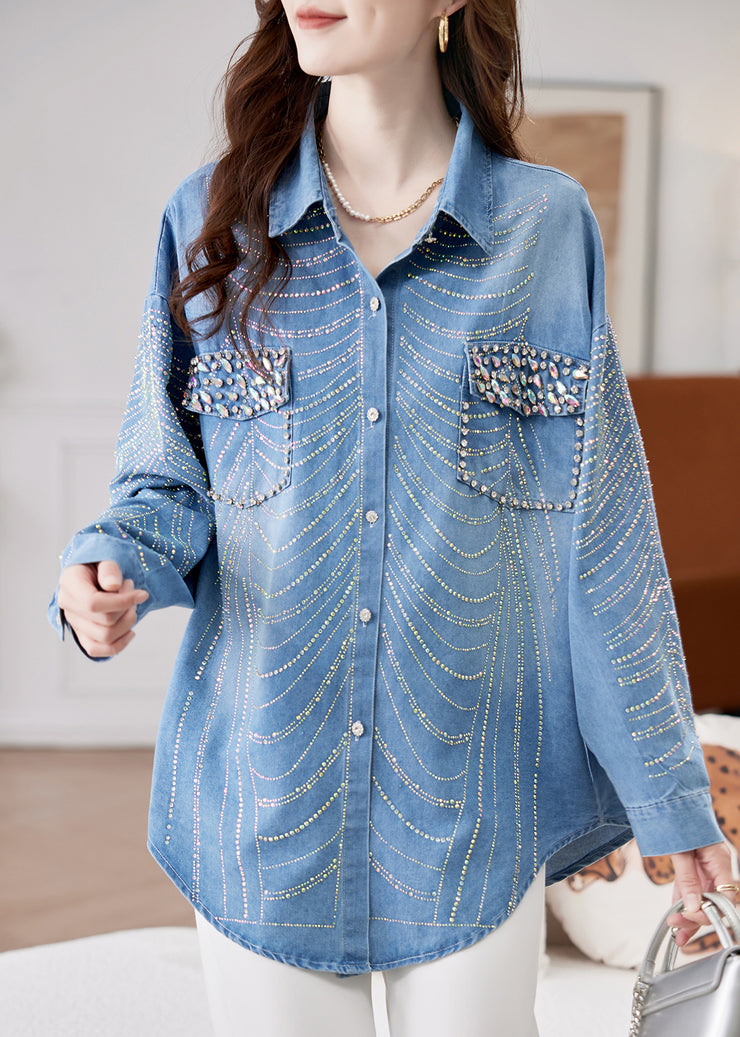 Women Blue Nail Bead Zircon Button Denim Shirts Spring