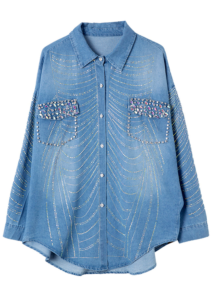 Women Blue Nail Bead Zircon Button Denim Shirts Spring