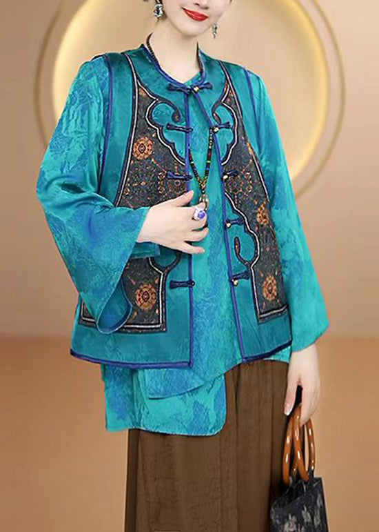 Women Blue O Neck Oriental Button Silk Vest Sleeveless