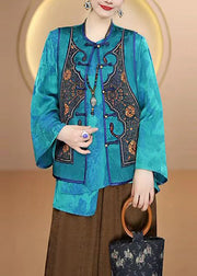 Women Blue O Neck Oriental Button Silk Vest Sleeveless