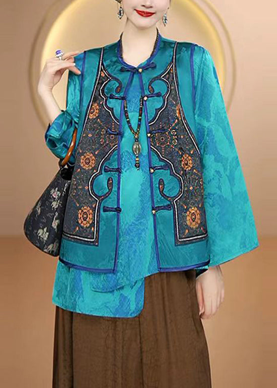 Women Blue O Neck Oriental Button Silk Vest Sleeveless