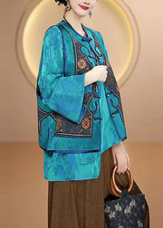 Women Blue O Neck Oriental Button Silk Vest Sleeveless