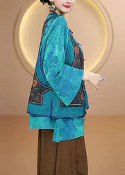Women Blue O Neck Oriental Button Silk Vest Sleeveless
