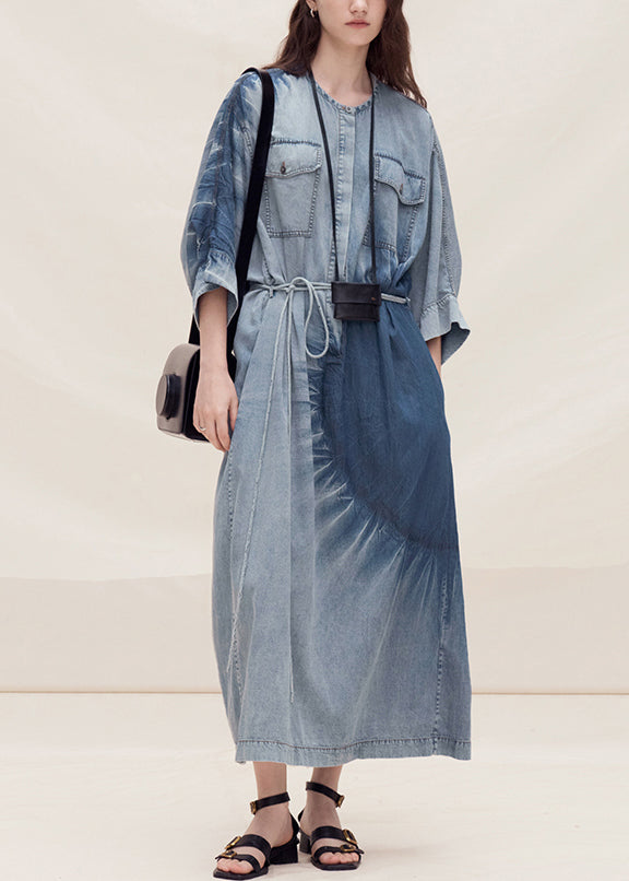 Women Blue O Neck Tie Dye Plus Size Denim Dress Summer