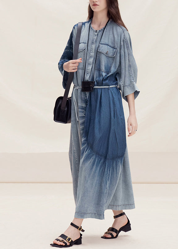 Women Blue O Neck Tie Dye Plus Size Denim Dress Summer