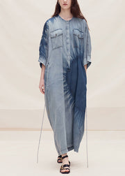 Women Blue O Neck Tie Dye Plus Size Denim Dress Summer