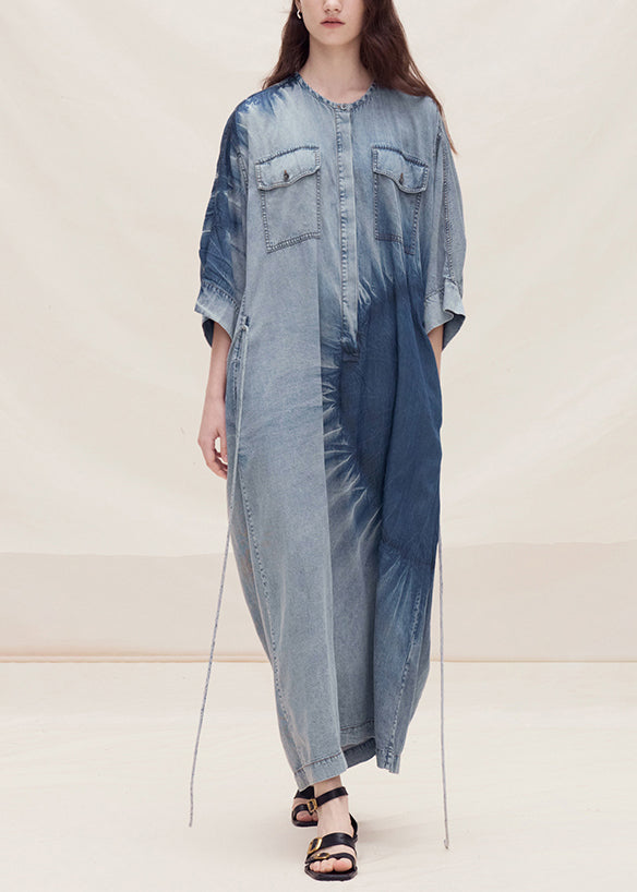 Women Blue O Neck Tie Dye Plus Size Denim Dress Summer