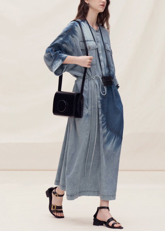 Women Blue O Neck Tie Dye Plus Size Denim Dress Summer