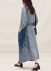 Women Blue O Neck Tie Dye Plus Size Denim Dress Summer