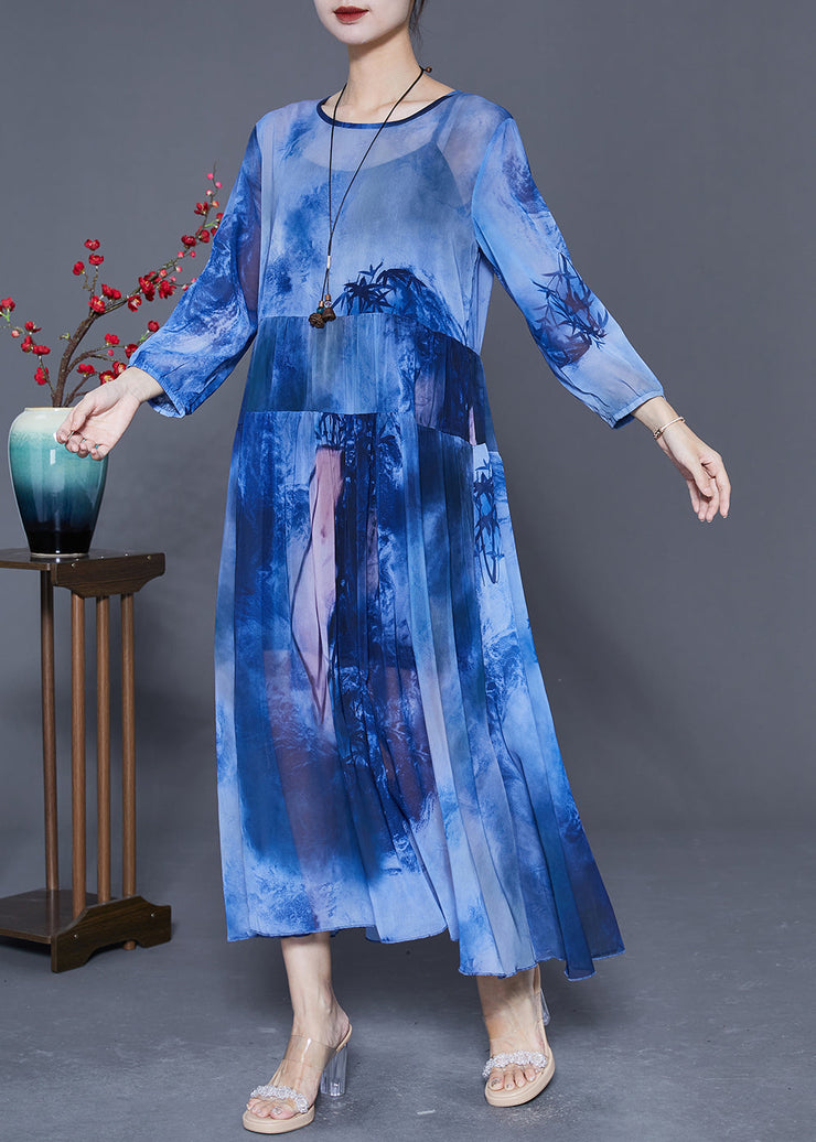 Women Blue Oversized Patchwork Tie Dye Chiffon Maxi Dresses Summer