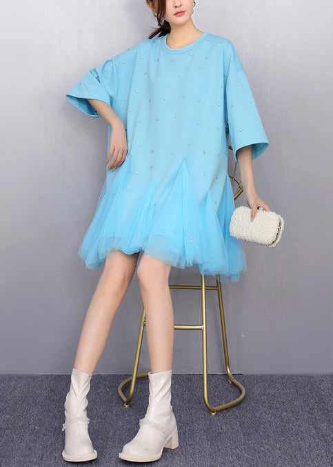 Women Blue Oversized Patchwork Tulle Mini Dress Summer