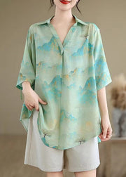 Women Blue Oversized Print Chiffon Shirts Summer