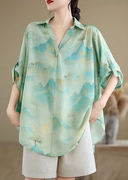 Women Blue Oversized Print Chiffon Shirts Summer