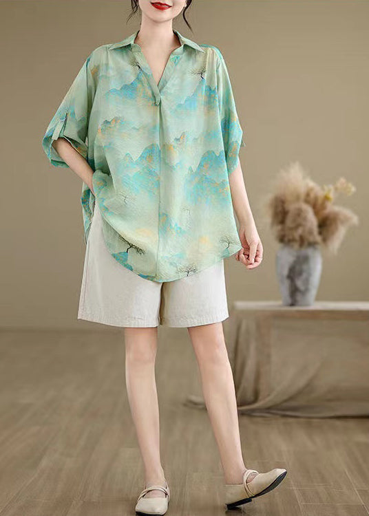 Women Blue Oversized Print Chiffon Shirts Summer