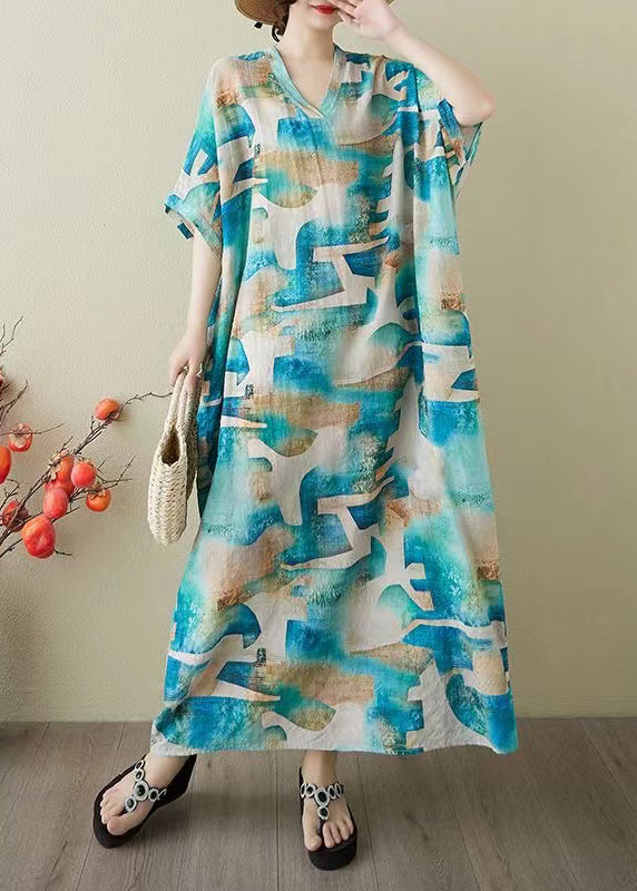 Women Blue Oversized Print Cotton Party Dress Summer