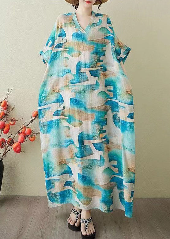 Women Blue Oversized Print Cotton Party Dress Summer