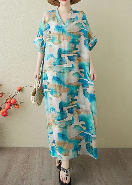 Women Blue Oversized Print Cotton Party Dress Summer