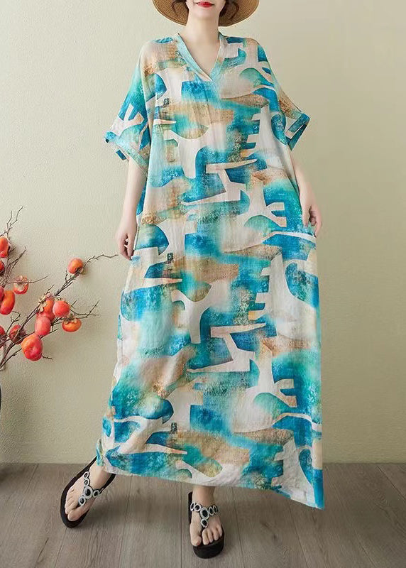 Women Blue Oversized Print Cotton Party Dress Summer