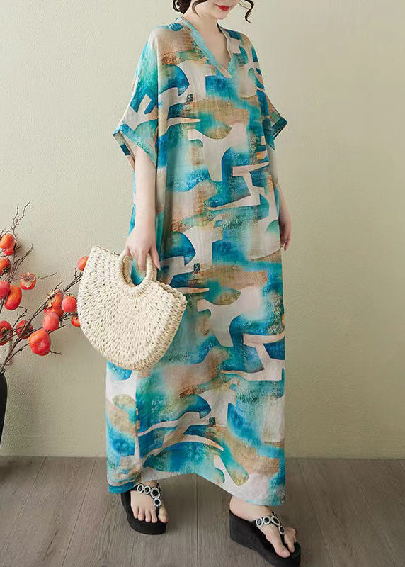 Women Blue Oversized Print Cotton Party Dress Summer