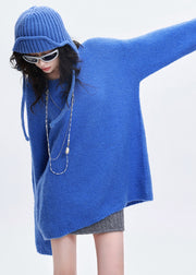 Women Blue Oversized Warm Knitted Tops Winter