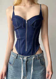 Women Blue Patchwork Zippered Denim Cami Bodysuit