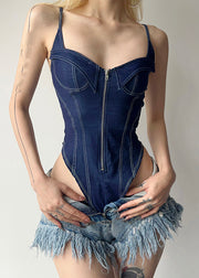 Women Blue Patchwork Zippered Denim Cami Bodysuit