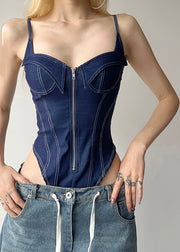 Women Blue Patchwork Zippered Denim Cami Bodysuit