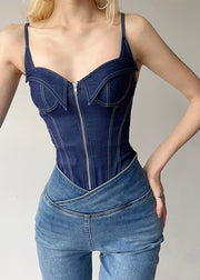 Women Blue Patchwork Zippered Denim Cami Bodysuit