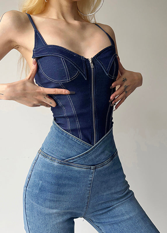 Women Blue Patchwork Zippered Denim Cami Bodysuit