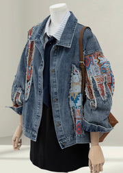 Women Blue Peter Pan Collar Jacquard Patchwork Denim Coat Fall