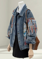 Women Blue Peter Pan Collar Jacquard Patchwork Denim Coat Fall