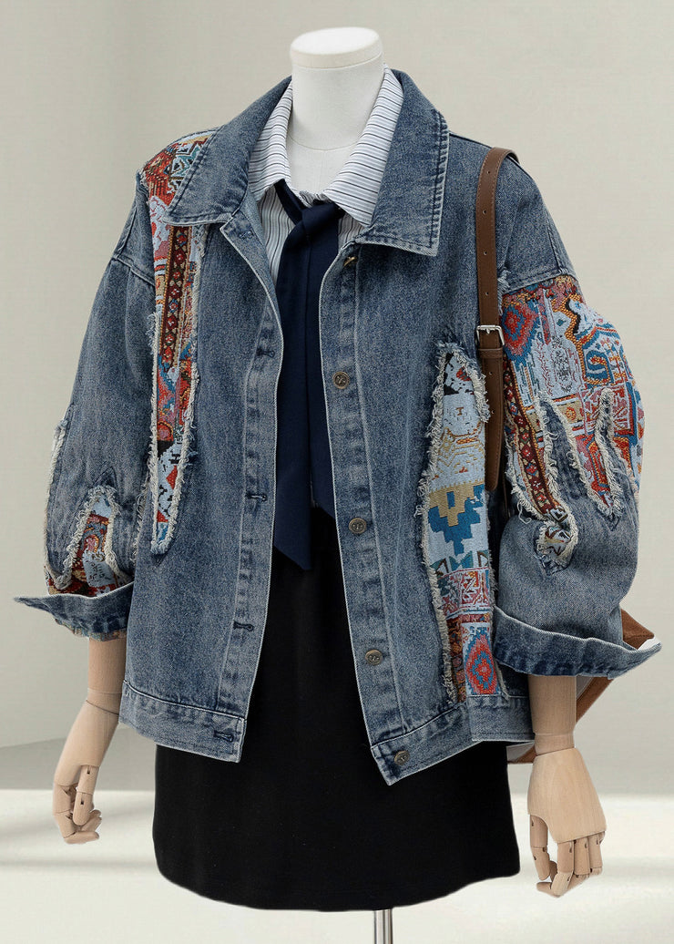 Women Blue Peter Pan Collar Jacquard Patchwork Denim Coat Fall