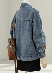 Women Blue Peter Pan Collar Jacquard Patchwork Denim Coat Fall