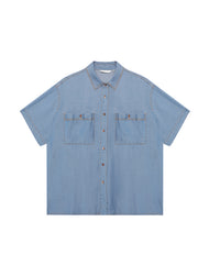 Women Blue Peter Pan Collar Pockets Button Denim Shirts Summer