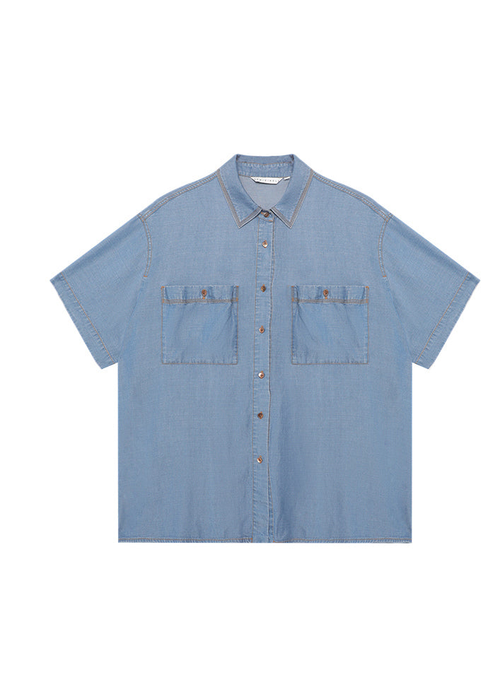 Women Blue Peter Pan Collar Pockets Button Denim Shirts Summer