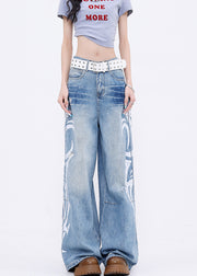 Women Blue Pockets Graffiti Denim Wide Leg Pants Fall