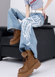Women Blue Pockets Graffiti Denim Wide Leg Pants Fall