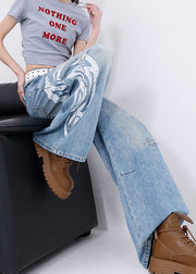 Women Blue Pockets Graffiti Denim Wide Leg Pants Fall