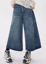 Women Blue Pockets Patchwork Denim Crop Pants