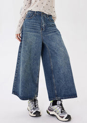 Women Blue Pockets Patchwork Denim Crop Pants