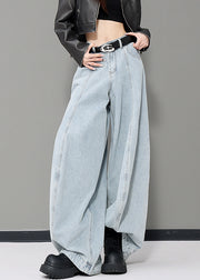 Women Blue Pockets Patchwork Denim Wide Leg Pants Fall