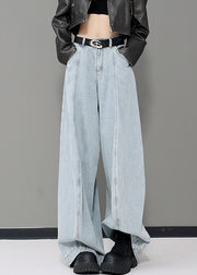 Women Blue Pockets Patchwork Denim Wide Leg Pants Fall