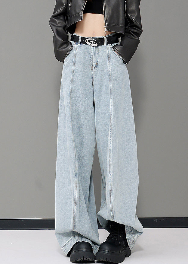 Women Blue Pockets Patchwork Denim Wide Leg Pants Fall