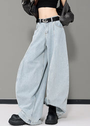 Women Blue Pockets Patchwork Denim Wide Leg Pants Fall
