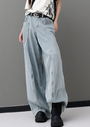 Women Blue Pockets Patchwork Denim Wide Leg Pants Fall