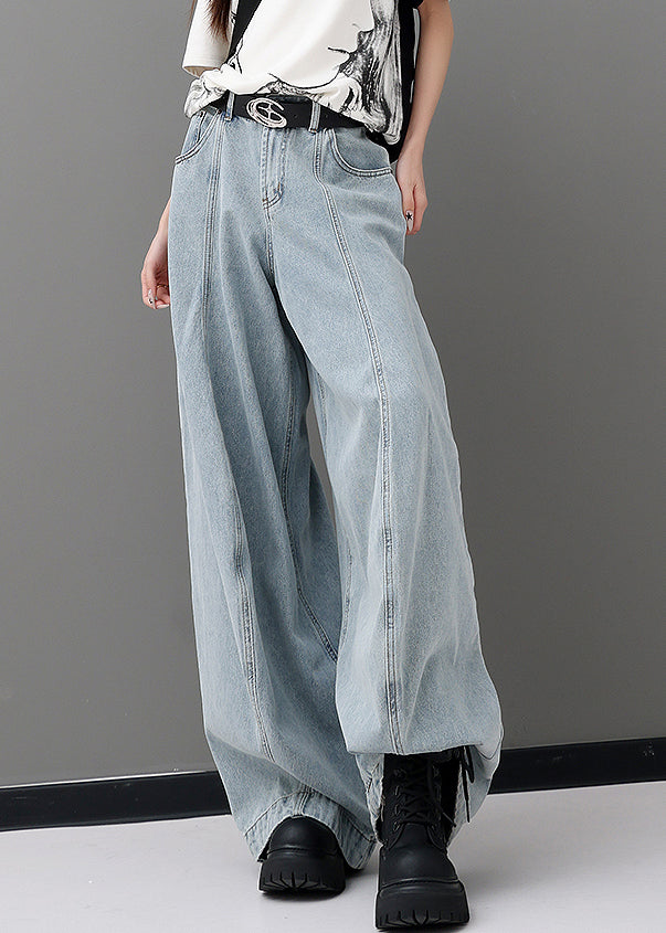 Women Blue Pockets Patchwork Denim Wide Leg Pants Fall