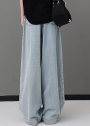 Women Blue Pockets Patchwork Denim Wide Leg Pants Fall
