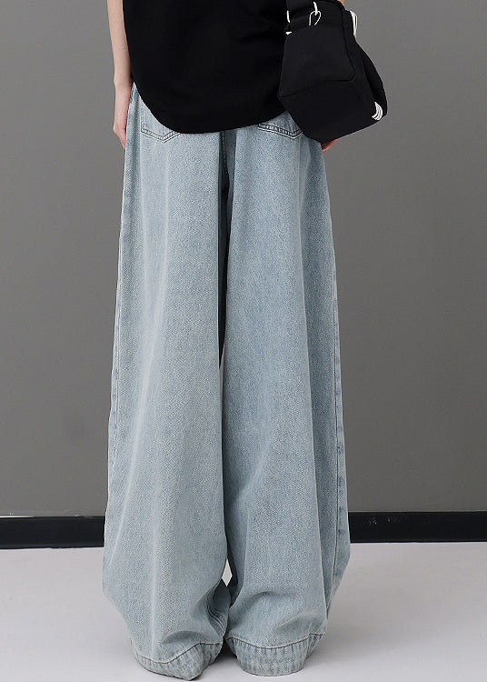 Women Blue Pockets Patchwork Denim Wide Leg Pants Fall